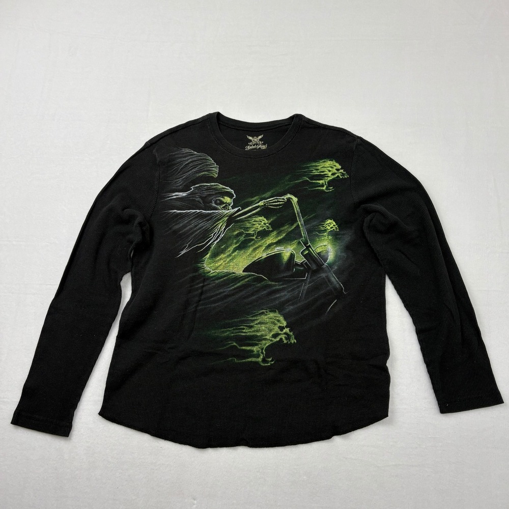 Faded Glory Mens XL Black Thermal Shirt Grim Reaper Motorcycle Green Skulls